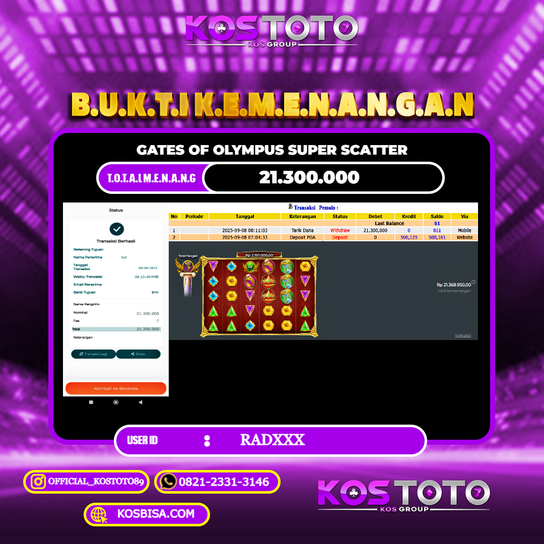 KOSTOTO JACKPOT SLOT GATES OF OLYMPUS SUPER SCATTER RP.21.300.000,- LUNAS USER ID : RAD****
