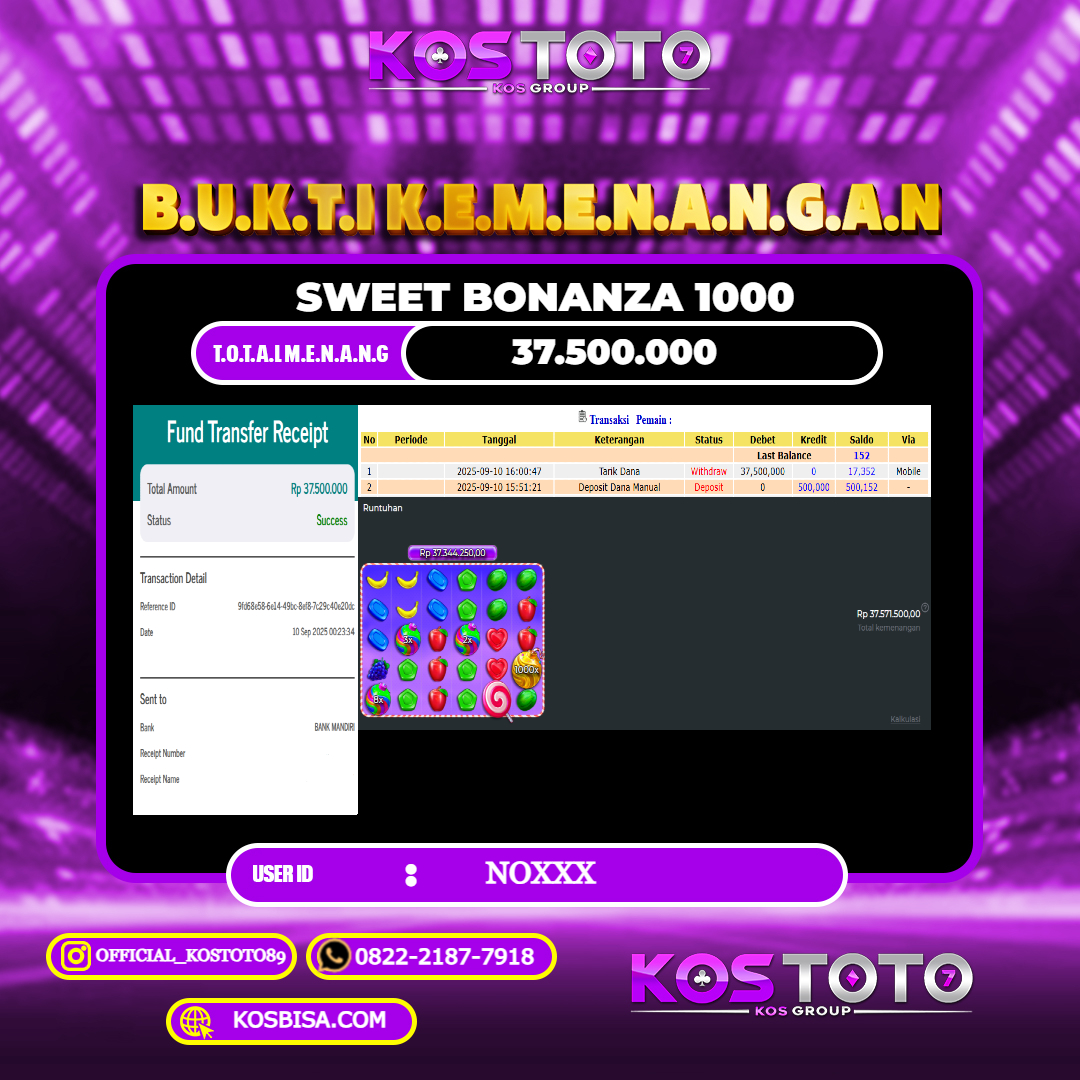 KOSTOTO JACKPOT SLOT SWEET BONANZA 1000 RP.37.500.000,- LUNAS USER ID : NO****