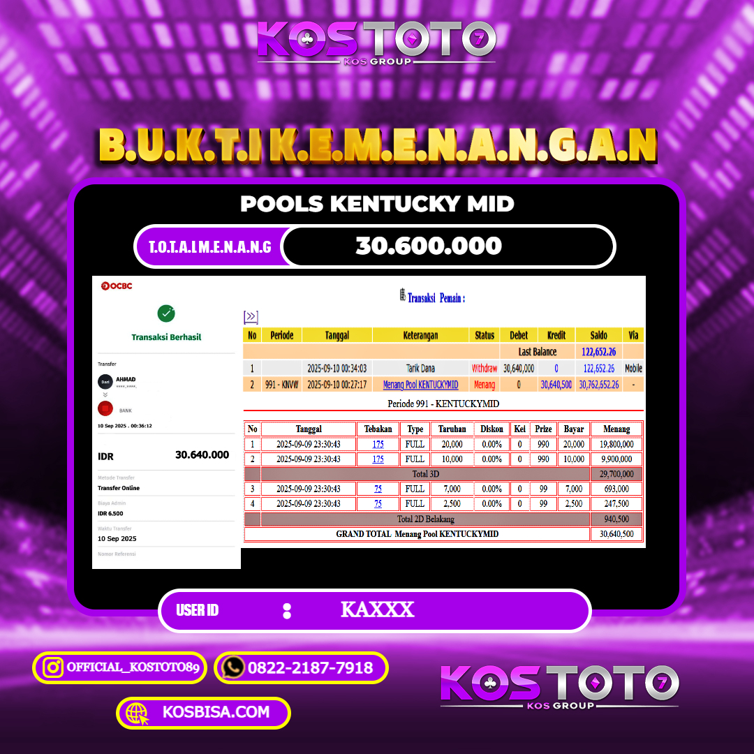 KOSTOTO JACKPOT TOGEL KENTUCKY MID RP.30.600.000,- LUNAS USER ID : KA***