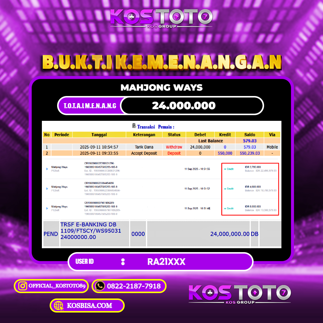 KOSTOTO JACKPOT SLOT MAHJONG WAYS RP.24.000.000,- LUNAS USER ID : RA21***