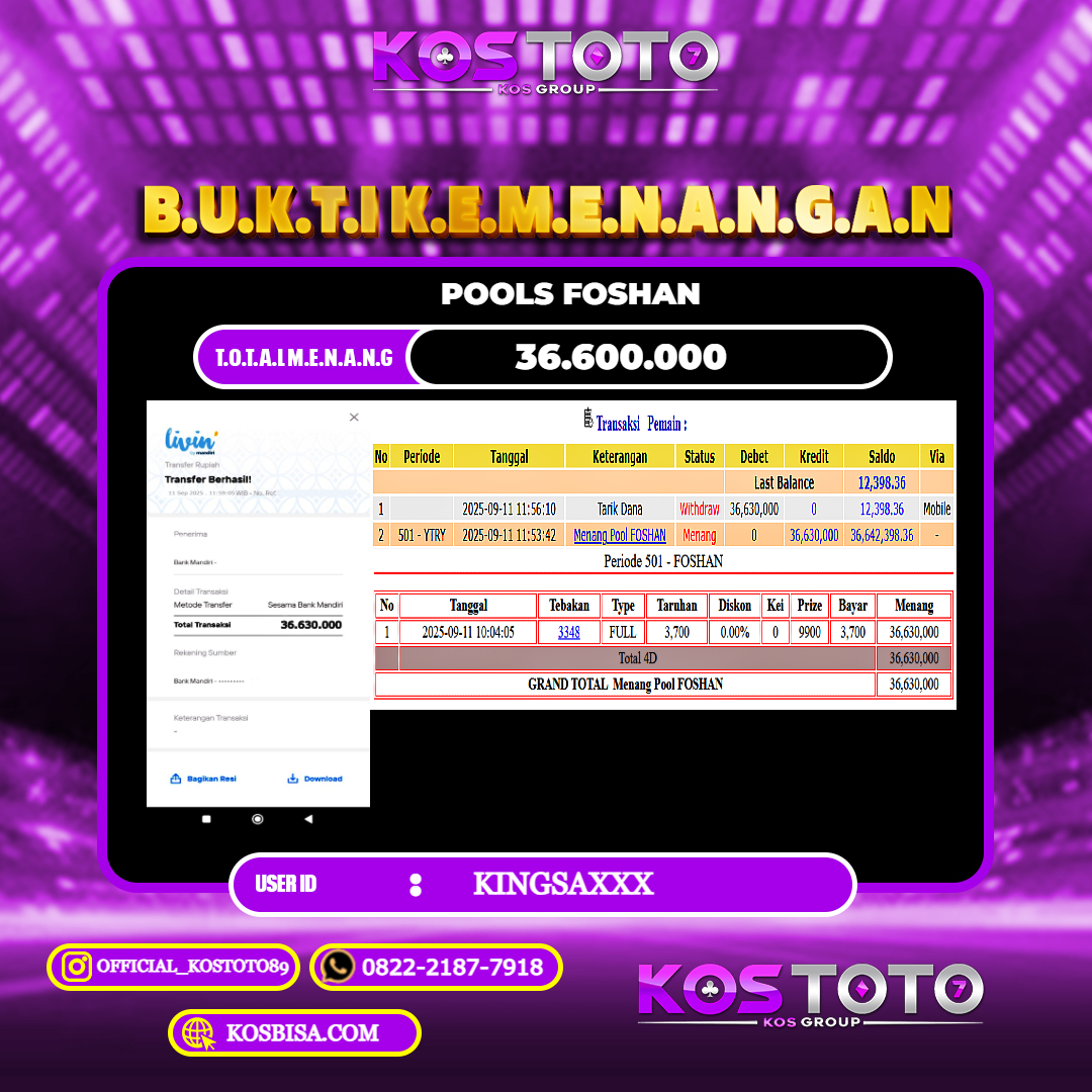 KOSTOTO JACKPOT TOGEL FOSHAN RP.36.600.000,- LUNAS USER ID : KINGSA***	