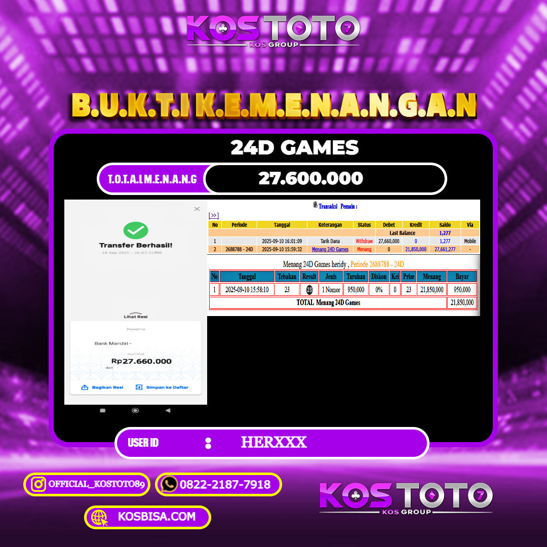 KOSTOTO JACKPOT CASINO 24D GAMES RP.27.600.000,- LUNAS USER ID : HER***