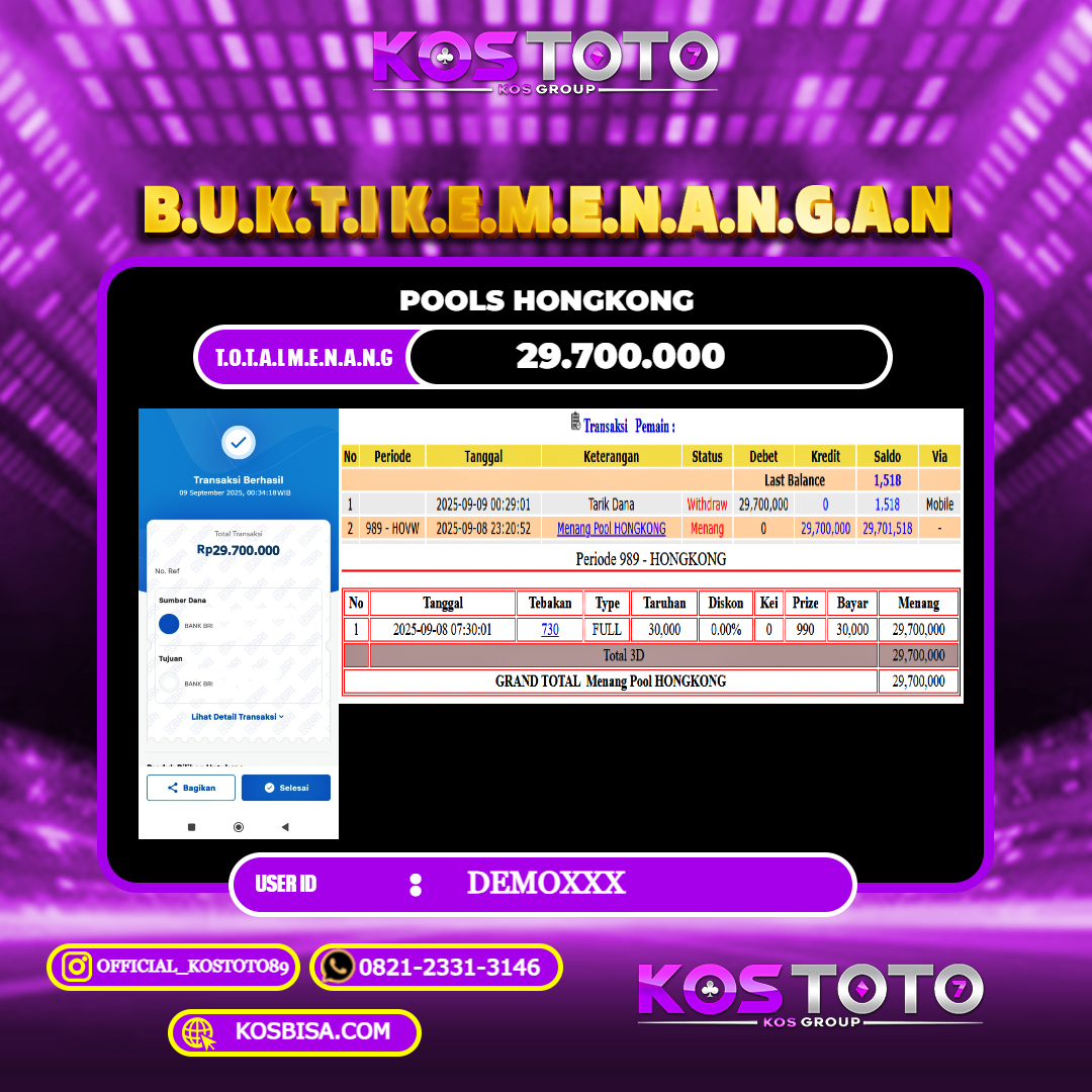 KOSTOTO JACKPOT TOGEL HONGKONG RP.29.700.000,- LUNAS USER ID : DEMO***