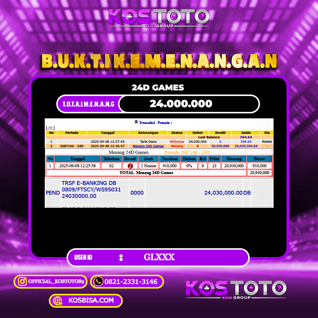 KOSTOTO JACKPOT CASINO 24D GAMES RP.24.000.000,- LUNAS USER ID : GL****	