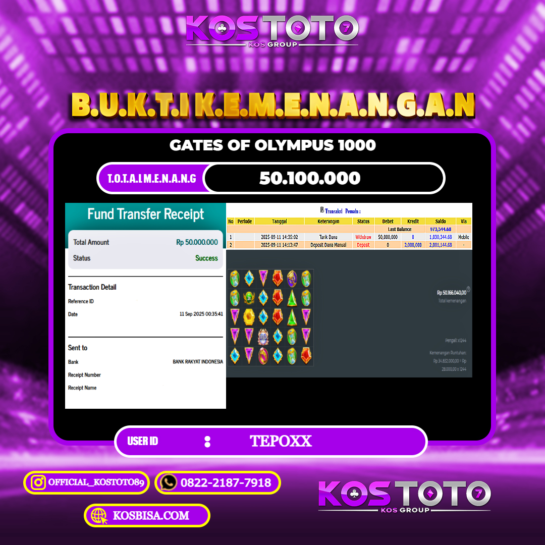 KOSTOTO JACKPOT SLOT GATES OF OLYMPUS 1000 RP.50.100.000,- LUNAS USER ID : TEPO***