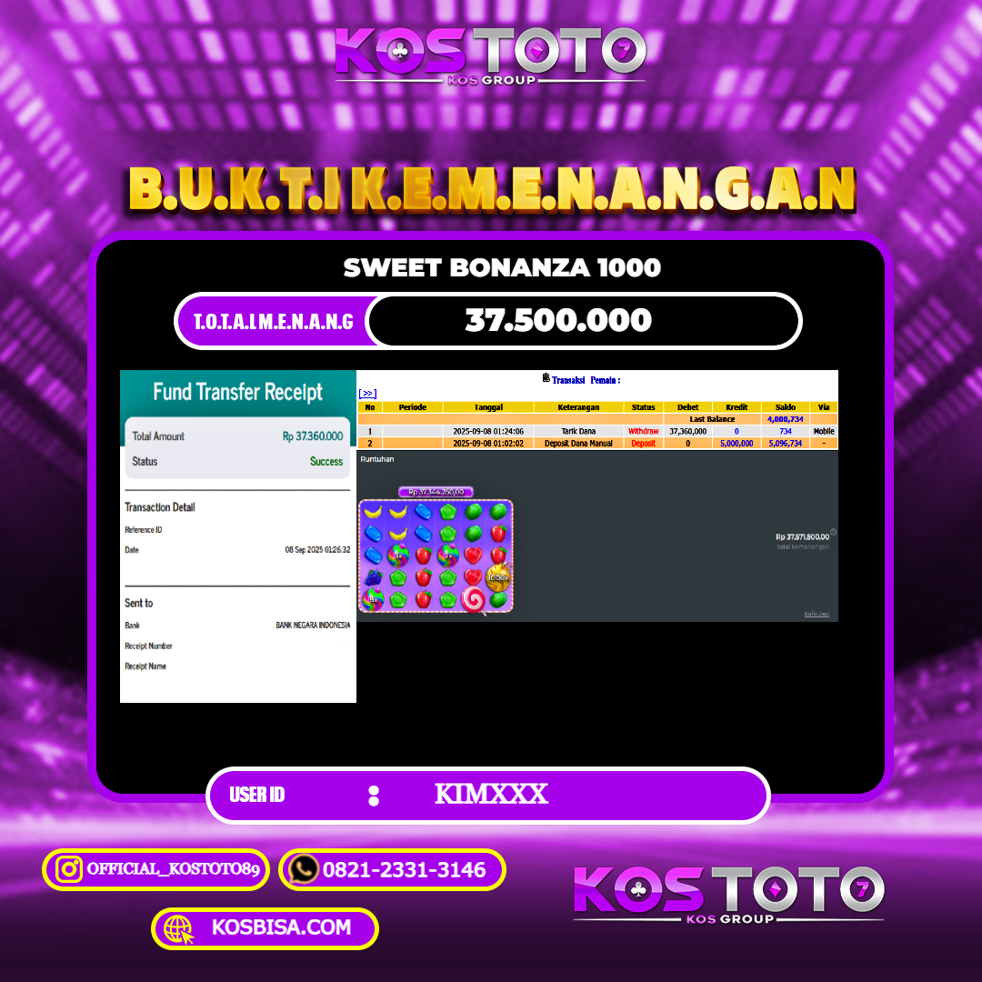 KOSTOTO JACKPOT SLOT SWEET BONANZA 1000 RP.37.500.000,- LUNAS USER ID : KIM****	