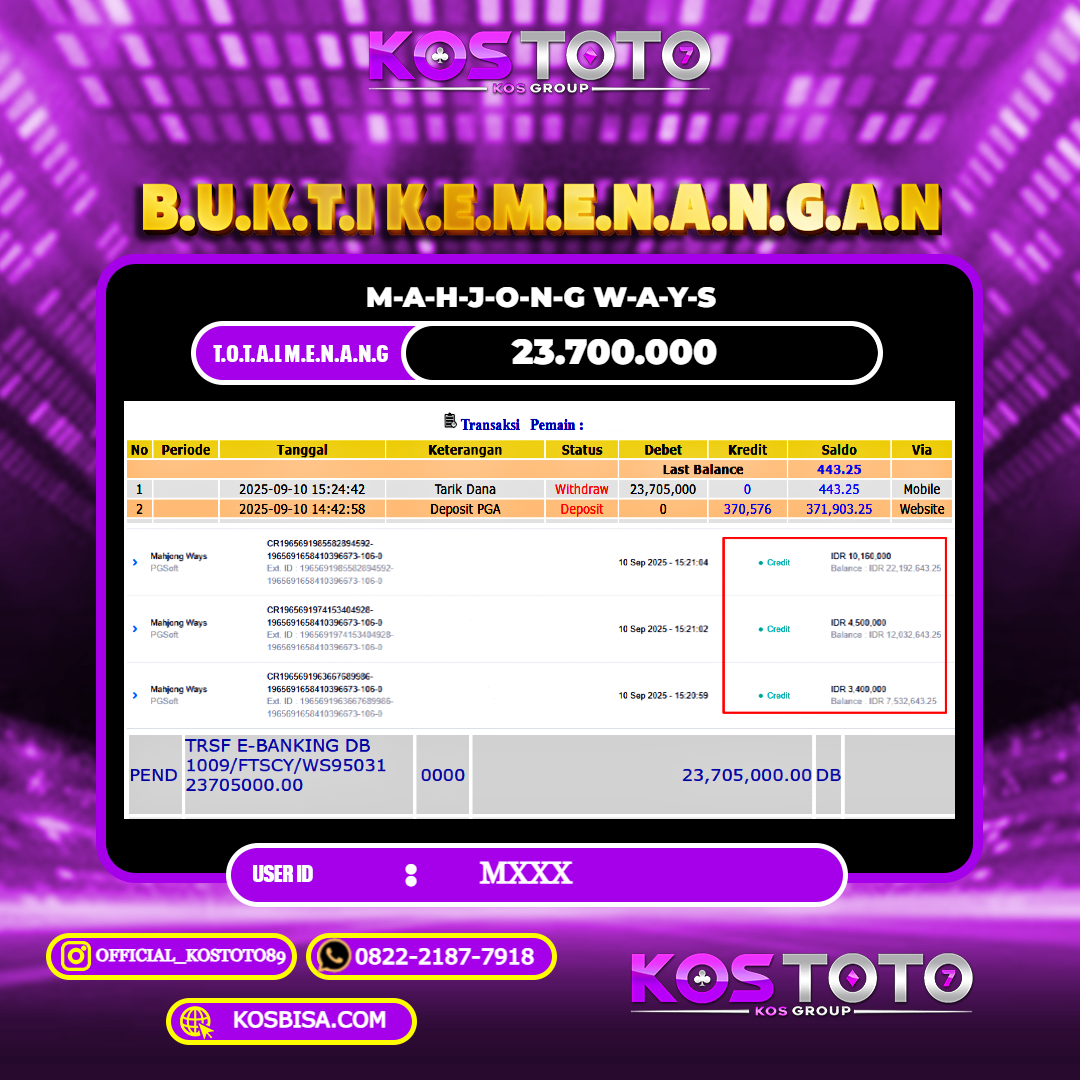 KOSTOTO JACKPOT SLOT MAHJONG WAYS RP.23.700.000,- LUNAS USER ID : M***